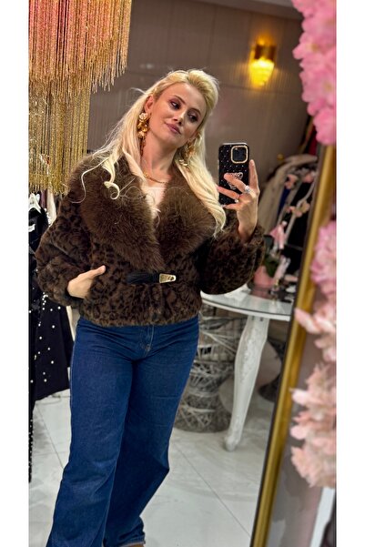 ŞEHRAZAT BUTİK Leopard Patterned Short Design Fur with Belt Detail