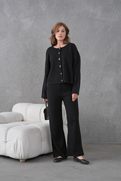 Park Karon Women's Crew Neck Button Closure Ribbed Knit Jacket Pants Two-Piece Knitwear Set