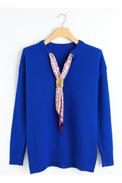 ATE ÖZGÜNEŞ TRİKO TEKSTİL Fularli, Slitted Fleece-Lined Women's Tricot Sweater