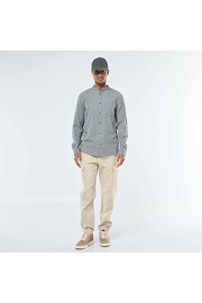 KİABİ Plain Flannel Shirt with a Mandarin Collar GREY