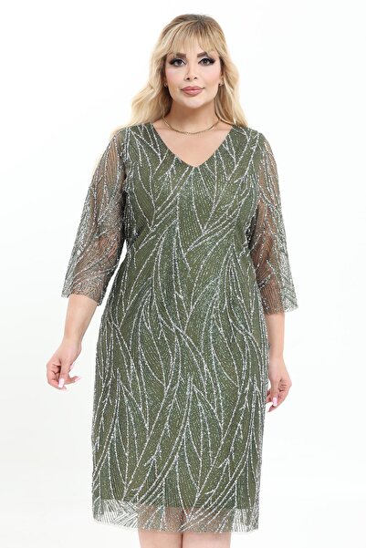 Ladies First Büyük Beden 3994 Haki Kısa Abiye Elbise