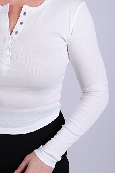 armonika Women's Ecru Front Snap Long Sleeve Body Blouse Arm-26K135015