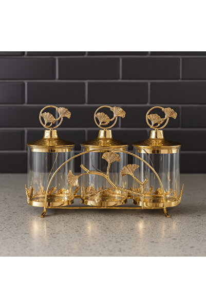 İnterlife 3-Piece Gold Metal Stand Spice Rack Kitchen Spice Set Glass Jars with Handles 700 ml (24X31 cm)