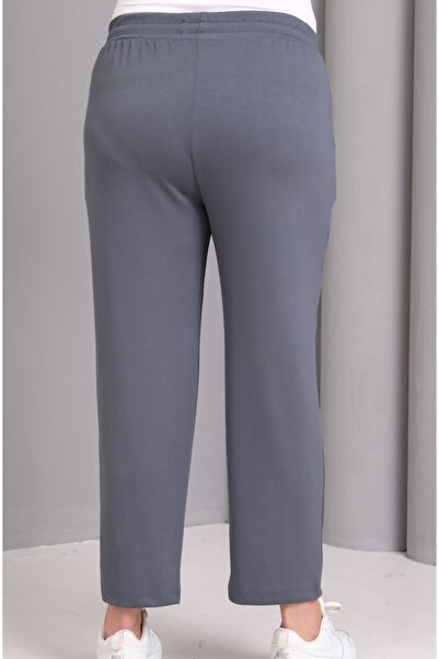 Şans Women's Large Size Gray Sweatpants with Elastic Waist and Leg Detail 65N39259