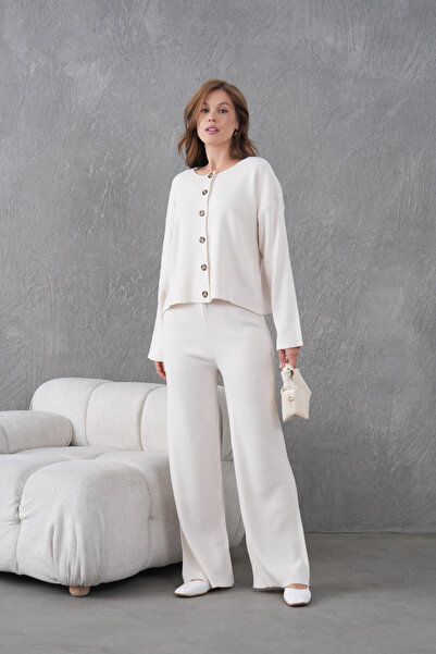 Park Karon Women's Crew Neck Button Closure Ribbed Knit Jacket Pants Two-Piece Knitwear Set