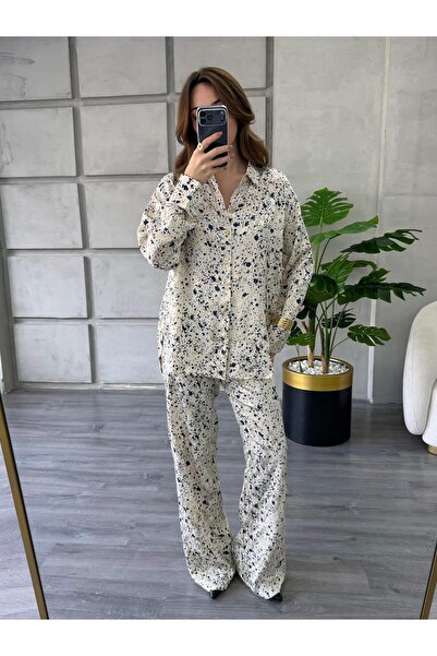 Coral طقم قميص وبنطلون منقوش 7121-1 إكرو - أزرق داكن