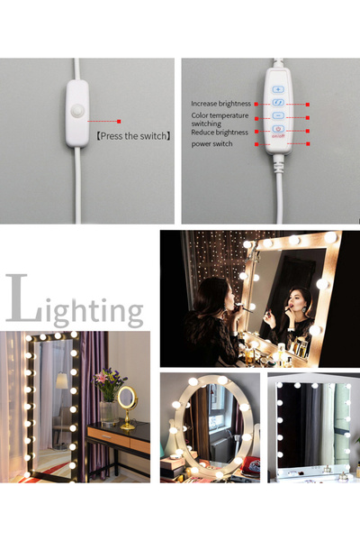 JInsh 10-Piece LED Vanity Mirror Light Set Three-color Adjustable Women Fashion Makeup Light With USB Plug