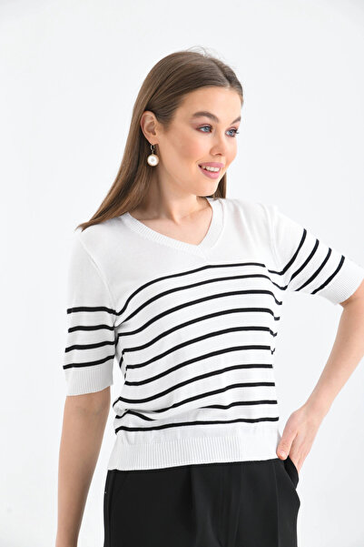 Park Karon Women's V-Neck Striped Short Sleeve Knitwear Sweater