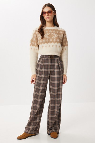 Lovelyİstanbul Belted Checkered Polyviscon Trousers Lrg0049 Brown