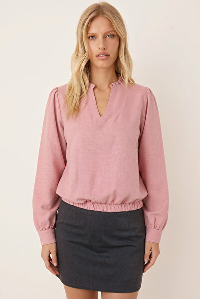armonika Γυναικεία ροζ μπλούζα με λαιμόκοψη σε σχήμα V με λεπτομέρεια πλισέ και ελαστική μέση με μανσέτες ARM-26K001020