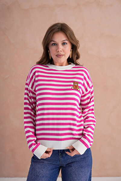 Park Karon Women's Crew Neck Embroidery Detail Striped Knitwear Sweater