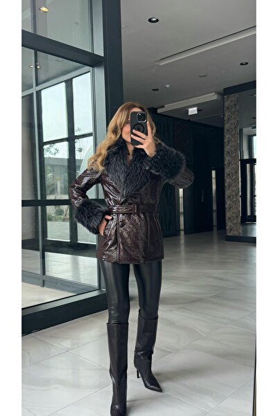 FEMİAS Plum Collar and Sleeves Fur Leather Coat