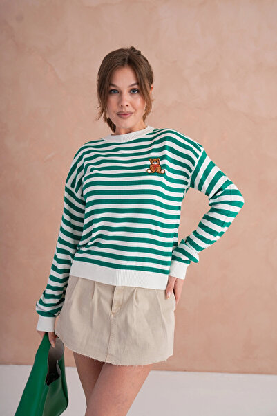 Park Karon Women's Crew Neck Embroidery Detail Striped Knitwear Sweater