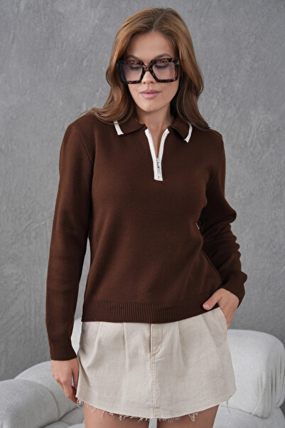 Park Karon Women's Polo Neck Half Zipper Closure Basic Knitwear Sweater