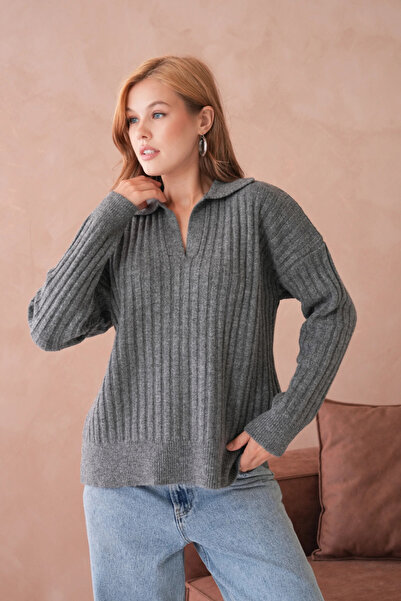 Park Karon Women's Polo Neck Half Placket Ribbed Knit Oversized Knitwear Sweater