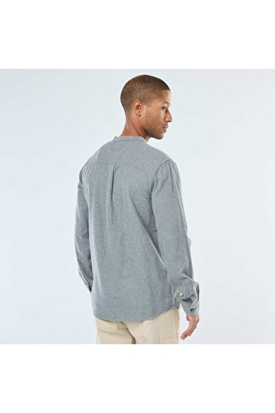 KİABİ Plain Flannel Shirt with a Mandarin Collar GREY