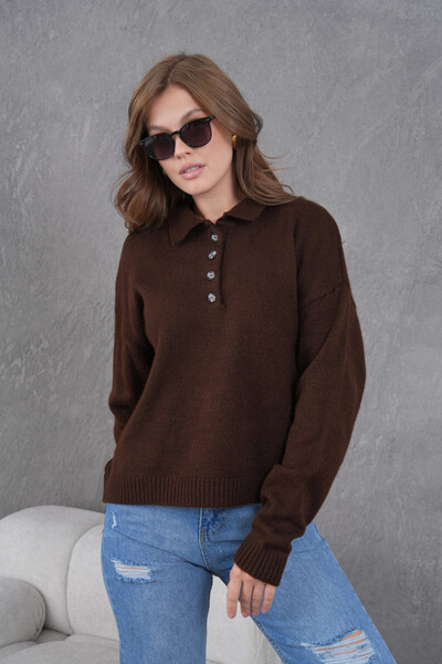 Park Karon Women's Polo Neck Half Placket Button Casual Knit Sweater