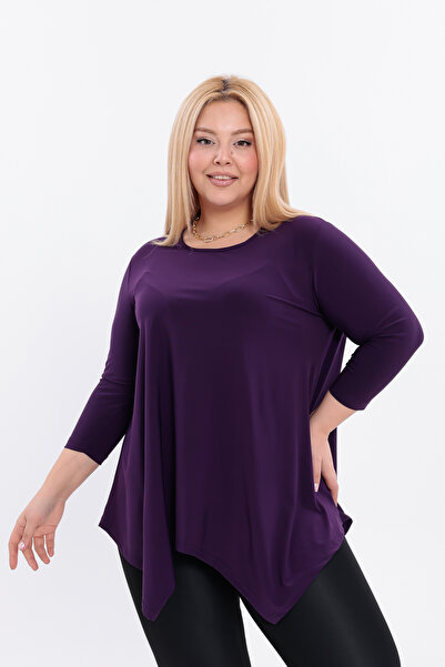 HELVEYS Asymmetrical Cut Flexible Stretch Fabric Long Sleeve Crew Neck Stylish Sandy Plus Size Blouse – 5012