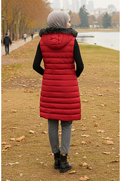 sefamerve Hooded Zippered Puffer Vest 70030-01 Claret Red