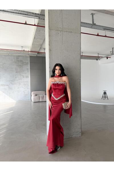 Serica Moda Red Strapless Stone Embroidered Shawl Detailed Satin Evening Dress