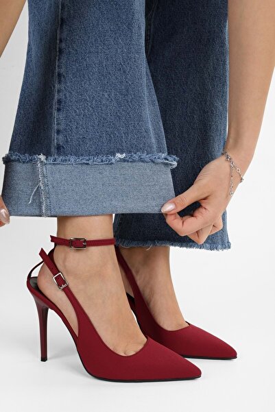 Shoeberry Women's Mila Burgundy Satin Belted Ankle Strap Stiletto