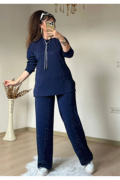 AZRA BUTİK Silvery String Lace-Up Stone Suit Navy Blue