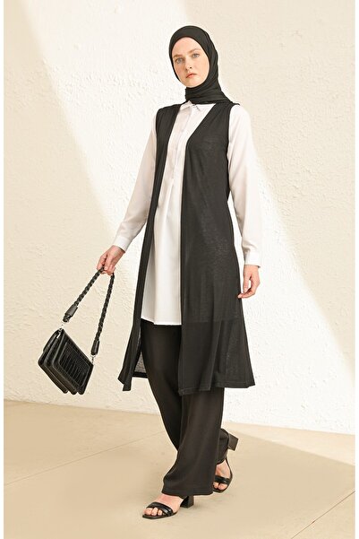sefamerve Simple Thin Basic Long Vest Plus Size Vest Hijab Vest 8765-01 Black
