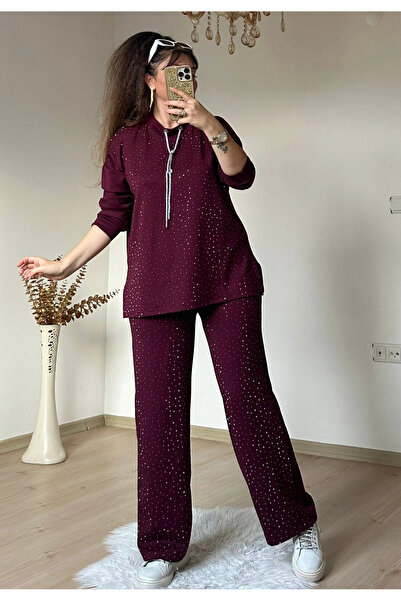 AZRA BUTİK Glittery String Lace Stone Set Burgundy