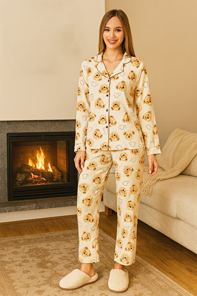 REMSA Γυναικείο Σετ Πιτζάμες με μοτίβο αρκουδάκι με κουμπιά μπροστά 0493 Μπεζ