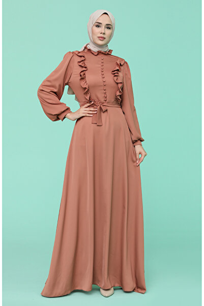 sefamerve Ruffled Modest Evening Dress 4873-03 Onion Peel