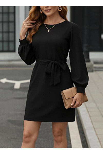 KentselBazaar Rochie scurtă din crepon importată, cu mânecă lungă, cu gât bar...