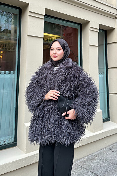 LOCCO Women's Belt Detail Short Fur Coat Anthracite