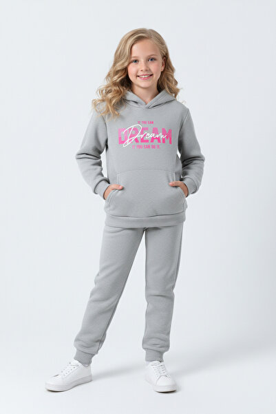 FYK KİDS Σετ αθλητικής φόρμας για κορίτσια με 3 νήματα K με κουκούλα Ş επένδυση fleece Bold Dream Print με λεπτομέρεια και τσέπη καγκουρό