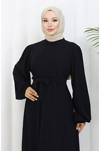 sefamerve Belted Dress with Elasticated Sleeves 2161-04 Navy Blue