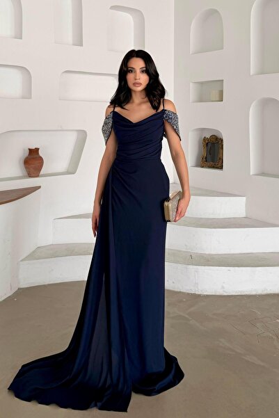 Serica Moda Βραδινό φόρεμα με λουράκια σε μπλε ναυτικό χρώμα με λεπτομέρεια α...