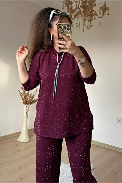 AZRA BUTİK Glittery String Lace Stone Set Burgundy