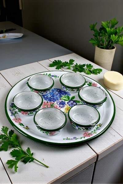 İnci Emaye 7 Piece Large Enamel Breakfast Set with Lid, Presentation Plate, Breakfast Plate, Jam Bowl, Dowry