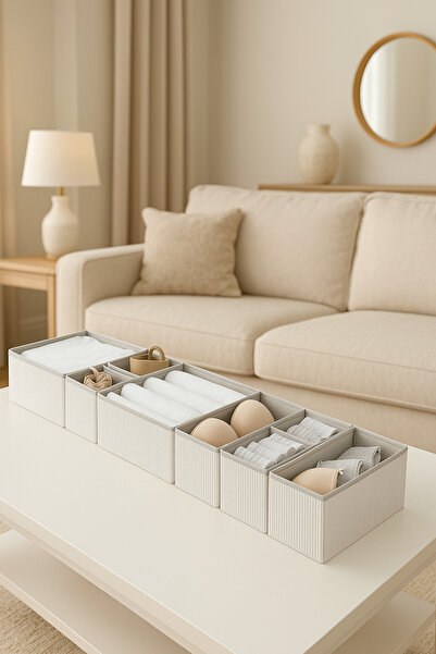 HomyJRs Set of 8 Gray Striped Drawer Organizers