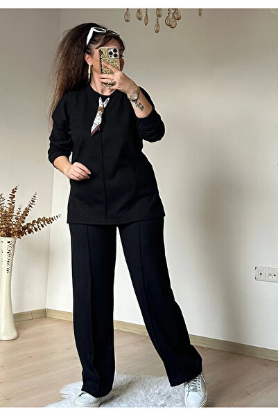 AZRA BUTİK Collar Shawl Detailed Suit Black