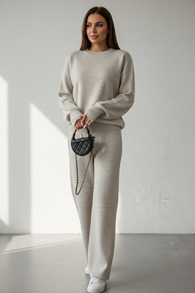 NEWCO Finger-Through Acrylic Textured Oversized Knitwear Two-Piece Set Wide-Leg Pants