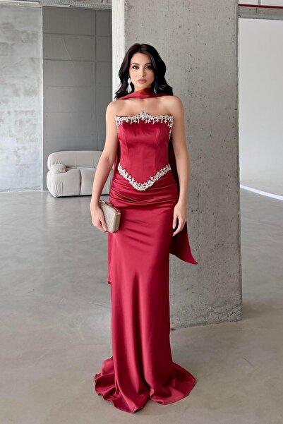 Serica Moda Red Strapless Stone Embroidered Shawl Detailed Satin Evening Dress