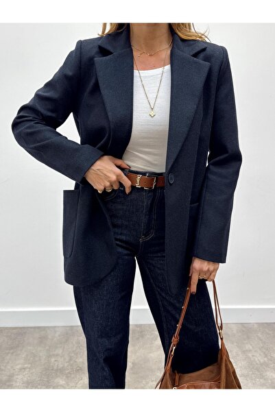 Maldia Shop Women's Elora Navy Blue Buttoned Wool Coat