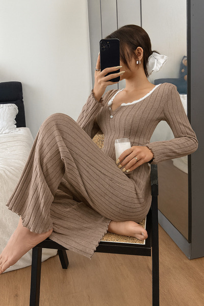 Biraltı Moda Long Sleeve Button and Lace Detailed Women's Pajama Set