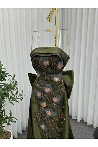 MARİA Dress - Mikado Embroidered Evening Dress (Olive)