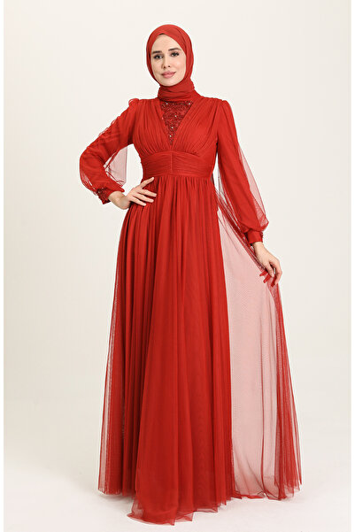 sefamerve Tulle and Applique Embroidered Hijab Evening Dress 3403-09 Tile