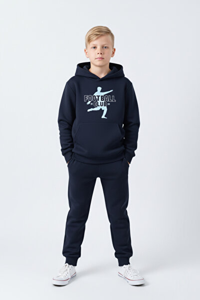 FYK KİDS Σετ αθλητικής φόρμας για αγόρια με 3 νήματα K με κουκούλα Kangaroo Pocket Thick Ş επένδυση fleece με λεπτομέρεια εκτύπωσης Footbal Club