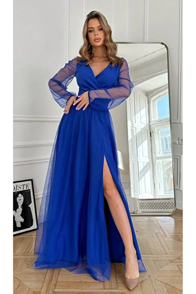 KentselBazaar Women's Long Sleeve Double-Breasted Collar Waist Belted Tulle Long Imported Crepe Dress