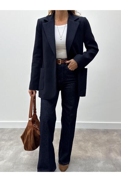 Maldia Shop Women's Elora Navy Blue Buttoned Wool Coat