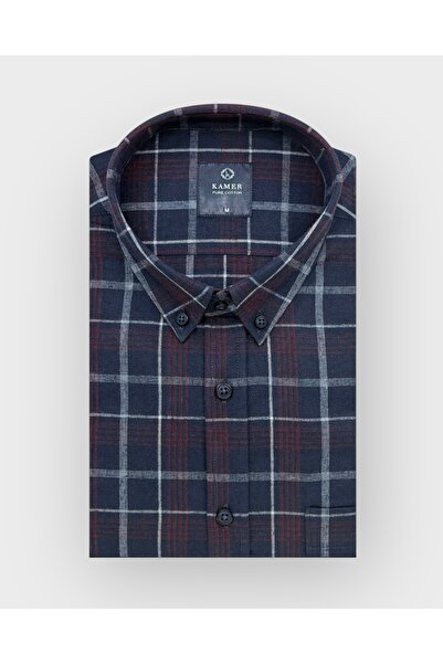 KAMER REGULAR FIT KIŞLIK TAM PAMUK UZUN KOLLU DÜĞMELİ YAKA EKOSE LACİVERT GÖMLEK 3867L
