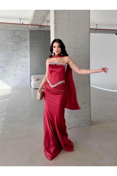 Serica Moda Red Strapless Stone Embroidered Shawl Detailed Satin Evening Dress